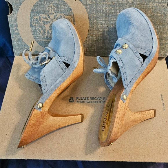 Michael Kors Slip-On Mules With Studs clog suede heels 8 light blue lace-up -new - Picture 4 of 7